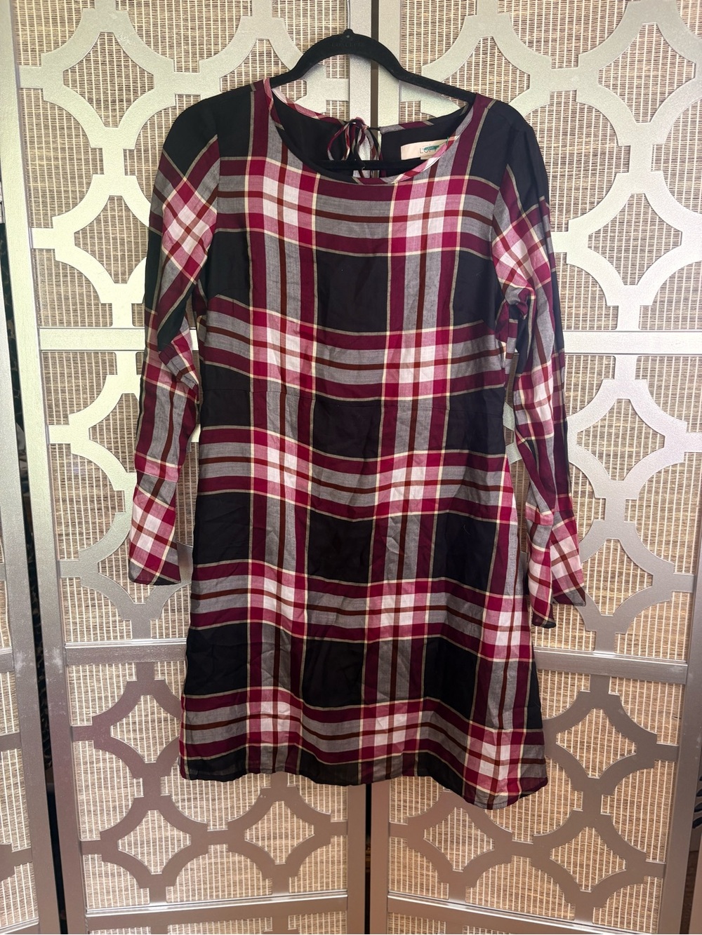 LOFT Pink, Black, and Red Plaid Long-Sleeve Midi Dress